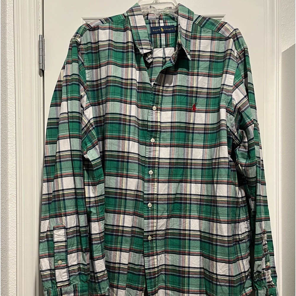 Men’s Polo Ralph Lauren button down. 2XL. Green, white and red striped